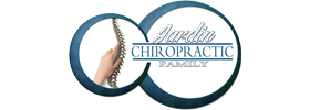 Chiropractic clinic logo featuring a hand pointing to a spine